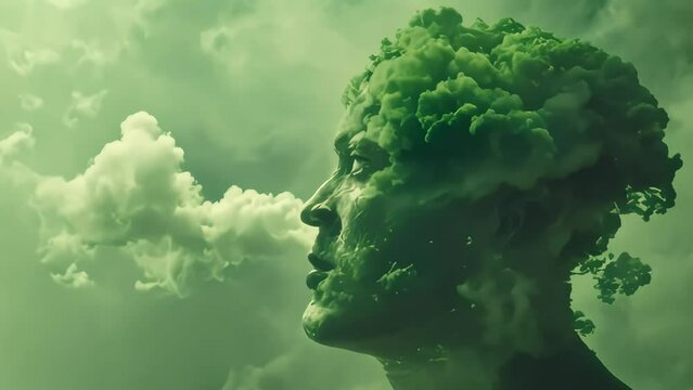 A silhouette of a man created from a green tree breathing in pure oxygen. symbiotic relationship between man and nature. caring for the environment. environmentalism. ecology.