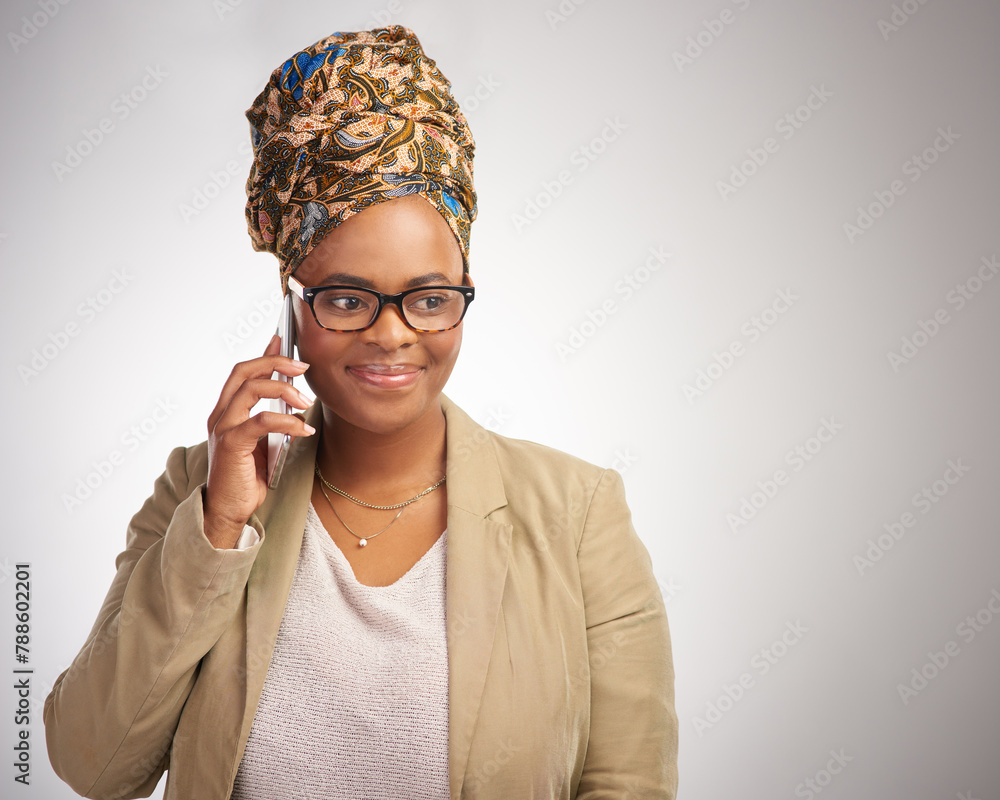 Aufkleber african woman, business phone call and studio with space for mock up with thinking by white backgrou