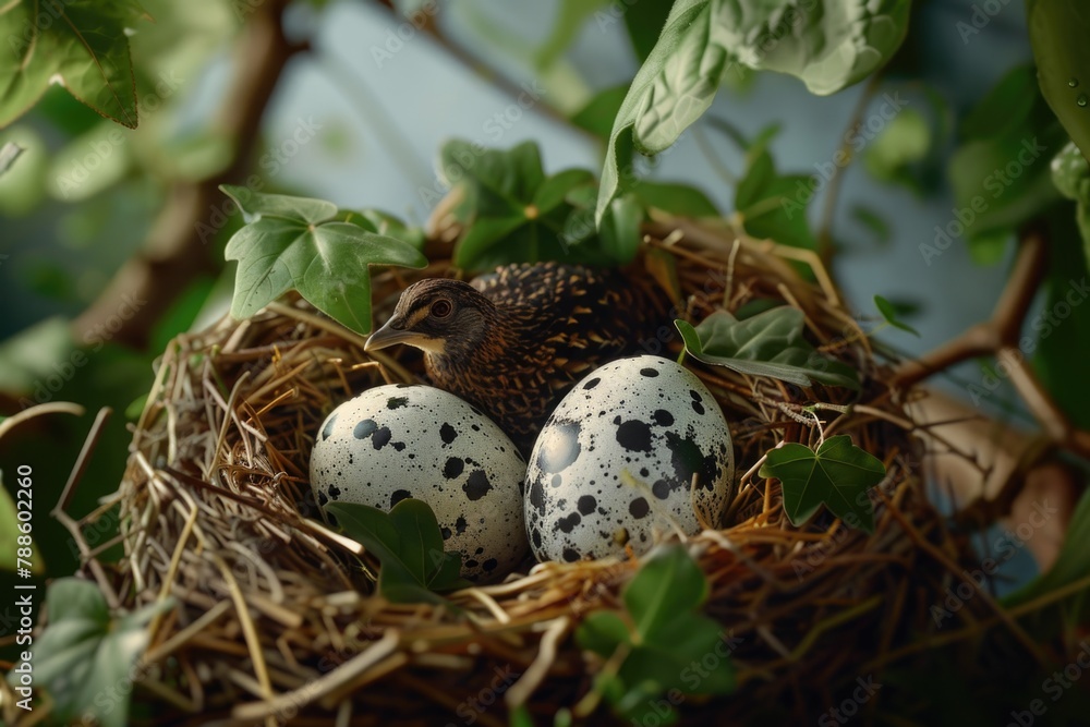 Poster a bird sitting in a nest with three eggs. suitable for nature and wildlife themes