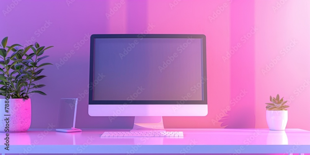 Poster a computer monitor on a white desk, perfect for office or technology concepts