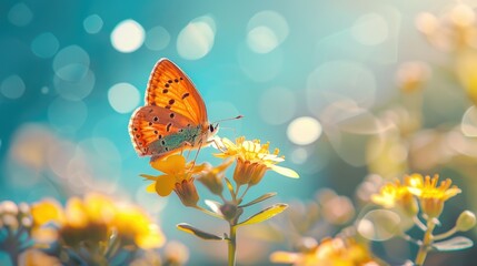 A beautiful butterfly perched on a vibrant yellow flower. Ideal for nature and garden themes - obrazy, fototapety, plakaty
