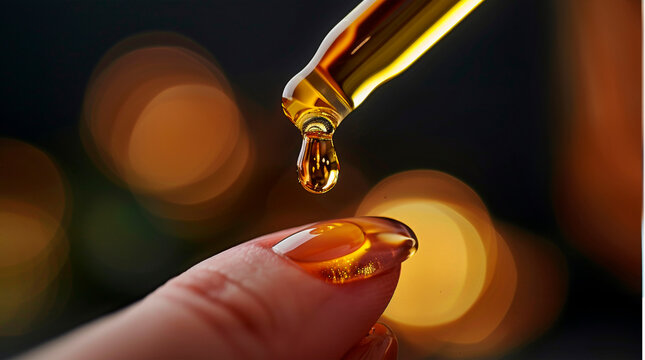 Dropping serum into a glass container, showcasing the golden liquid's purity and skincare luxury. Cosmetic spa treatments and skin care products. Alloe cure. Banner. Copy space