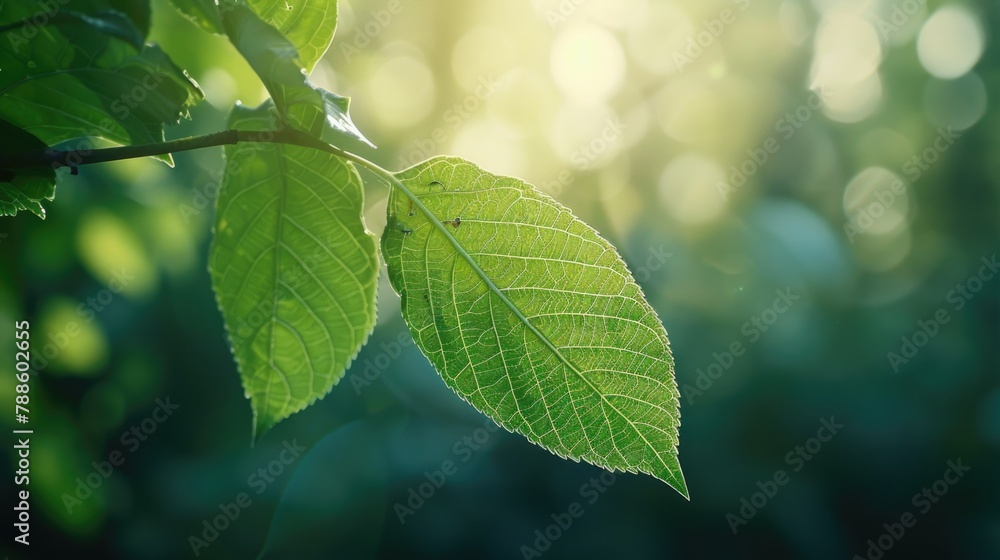 Poster Detailed close up of a single leaf on a tree branch. Suitable for nature and botany concepts
