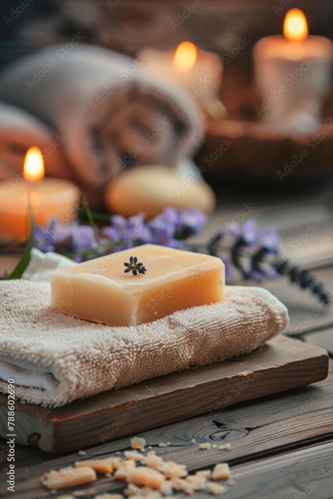 Poster soap bar resting on towel next to candles. suitable for spa or relaxation themes