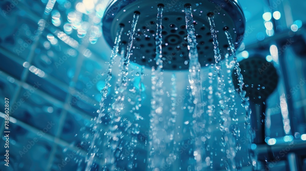 Poster a close-up of a shower head with water running from it. ideal for bathroom and hygiene concepts