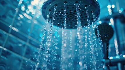 A close-up of a shower head with water running from it. Ideal for bathroom and hygiene concepts - obrazy, fototapety, plakaty