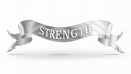 The word "STRENGTH" on a metalic style silver banner resembling a flag with textured fabric.