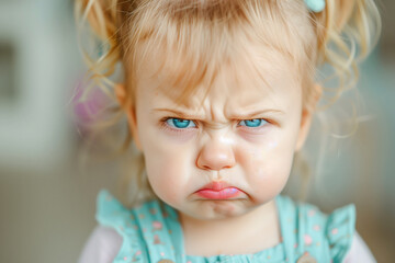 Portrait of a little girl with tears on her face, close up, child tantrum concept - obrazy, fototapety, plakaty