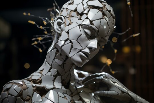 Desolate Shattered statue woman. Crumbling and breaking female silhouette. Generate ai