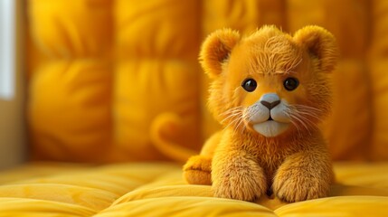 Fototapeta premium Cute teddy bear on bed, closeup. Baby toy