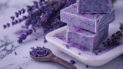 A pile of purple soap on a white plate. Perfect for bathroom or spa concepts