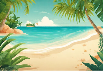 Fototapeta na wymiar Banner Sunny Tropical Beach With Palm Leaves And Paradise Island background