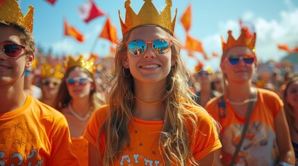 Happy Kings  Day in Netherlands, Group of People in Orange Shirts and Crowns