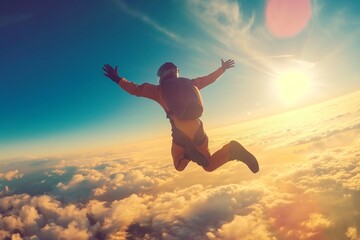 Skydiver experience in sunset cloudscape - obrazy, fototapety, plakaty