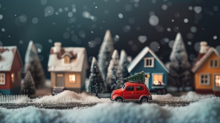 Toy car with a Christmas tree on top, perfect for holiday concepts