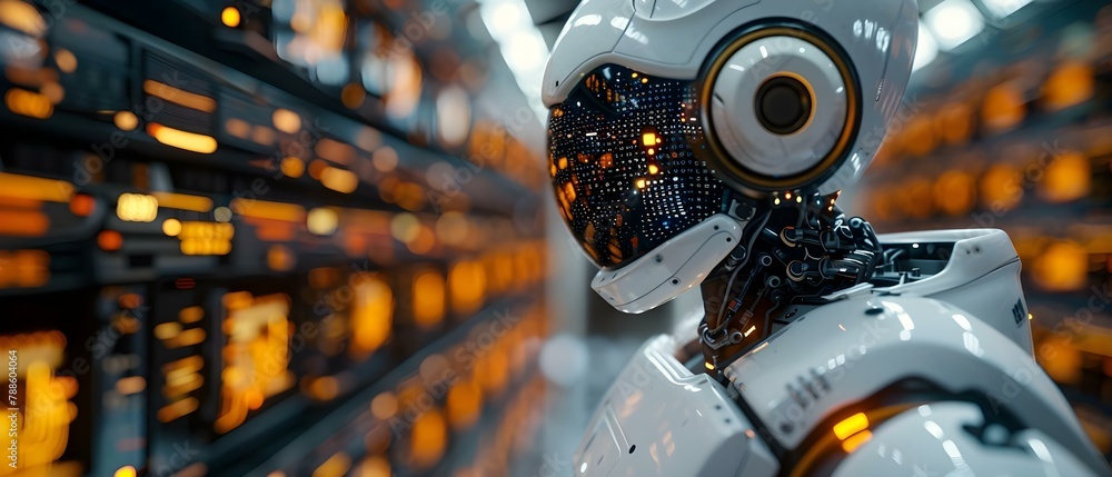 Poster ai overseer at supercomputer core. concept ai ethics, supercomputer administration, machine learning