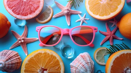 Pink Sunglasses Among Oranges and Starfish