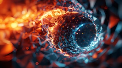 Illustrate a high-angle view of intricate 3D polygons converging into a swirling vortex, digitally rendered with photorealistic details for a mesmerizing gateway effect - obrazy, fototapety, plakaty