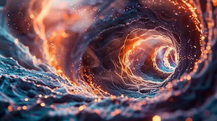 Illustrate a high-angle view of intricate 3D polygons converging into a swirling vortex, digitally rendered with photorealistic details for a mesmerizing gateway effect - obrazy, fototapety, plakaty