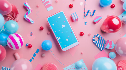 Instagram-style party invitation highlighting shopping, celebration, sales, openings, and discounts like Black Friday. Showcase a mobile phone to represent online commerce and e-commerce activities.