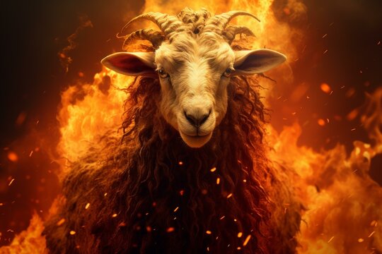 Blazing Nightmare sheep with fire flames. Horrified scary lucifer animal in burning fire. Generate ai
