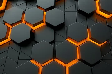 Fotobehang A black and orange hexagon pattern iPhone wallpaper in the style of a high resolution, creative design with minimal repeated words or Chinese characters and corrected spelling and grammar errors ©  Green Creator