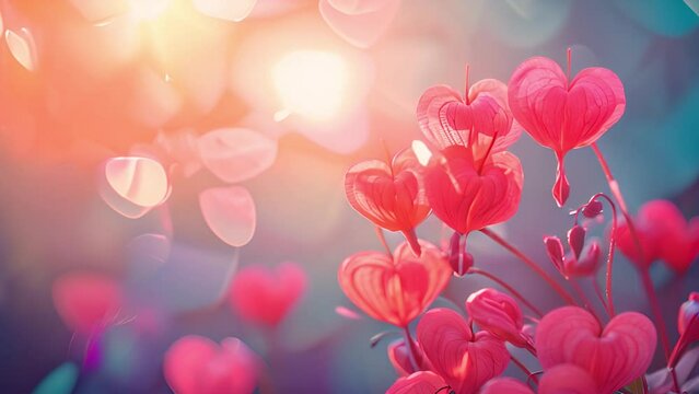 Asian bleeding love flowers in sunlight pastel pink and blue background. Spring landscape. Dicentra spectabilis bleeding heart flowers in hearts shapes in bloom, beautiful Lamprocapnos bright pink 4k