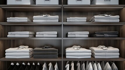 a modern closet adorned with a symmetrical arrangement of white and other shirts, meticulously folded and stacked to showcase flawless organization and stylish simplicity.
