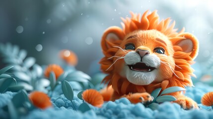Cute lion with flowers in the background. - obrazy, fototapety, plakaty