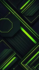 a black background with green neon accents, featuring hexagons and stripes for gaminginspired designs This design is perfect as an abstract wallpaper or social media profile picture The use of the col - obrazy, fototapety, plakaty
