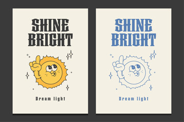 retro posters with a cute cartoon sun character, vector illustration