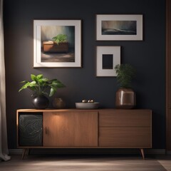 Interior of modern living room with dark walls, wooden floor, dark brown chest of drawers and green plants. AI generated