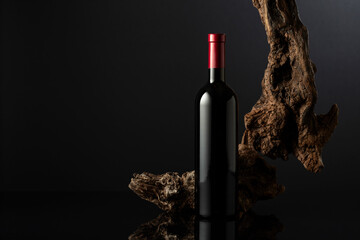 Bottle of red wine on a black background.