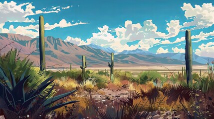 Argentinian landscape with cacti and cloudy sky