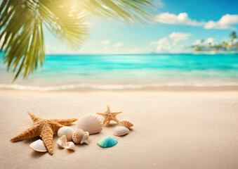 Banner sunny tropical beach with turquoise water, summer holidays vacation background, seashells in sand, palm tree on the beach - obrazy, fototapety, plakaty