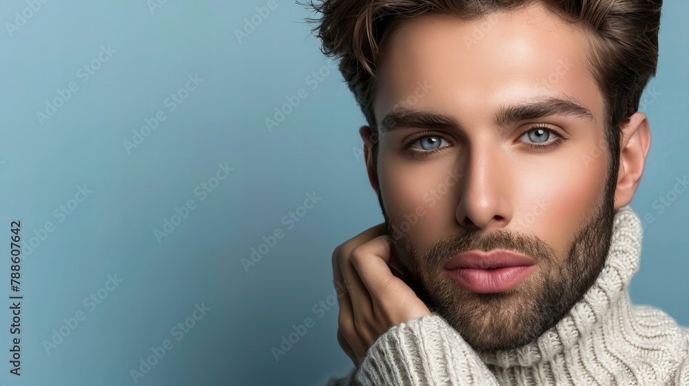 Wall mural sensual male model closeup with copy space, concept of skin care and cosmetics for men