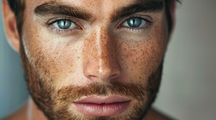 Obraz premium sensual, freckled male model closeup with copy space, concept of skin care and cosmetics for men