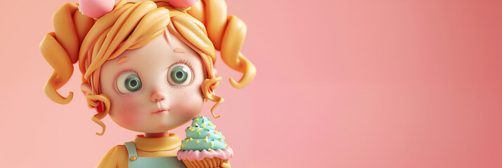 Chibi girl with curly blonde hair holding colorful ice cream against pink background with copy space banner. Panoramic web header. Wide screen wallpaper