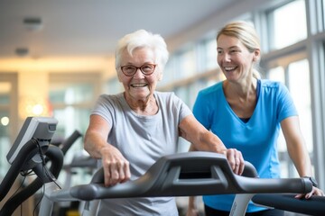 Fototapeta na wymiar Physiotherapist helping older senior woman on treadmill with handles