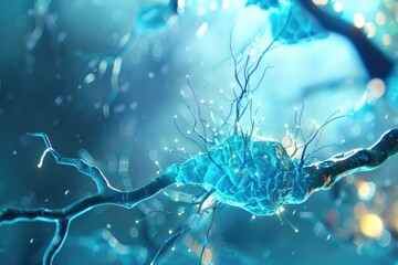 Blue Synapse and Neuron on Background. 3D Render of Nerve Cells Signalling in Mobile Phones and Medicals with White Background - obrazy, fototapety, plakaty