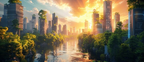 Design a captivating digital artwork exemplifying an AIs idealistic vision of a cityscape where green industry thrives harmoniously with nature Use vibrant colors and intricate details to depict a sea - obrazy, fototapety, plakaty