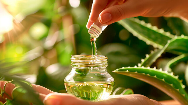 Green aloe essence drops from glass pipette, showcasing organic and pure skincare. Cosmetic spa treatments and skin care products. Alloe cure. Banner. Copy space