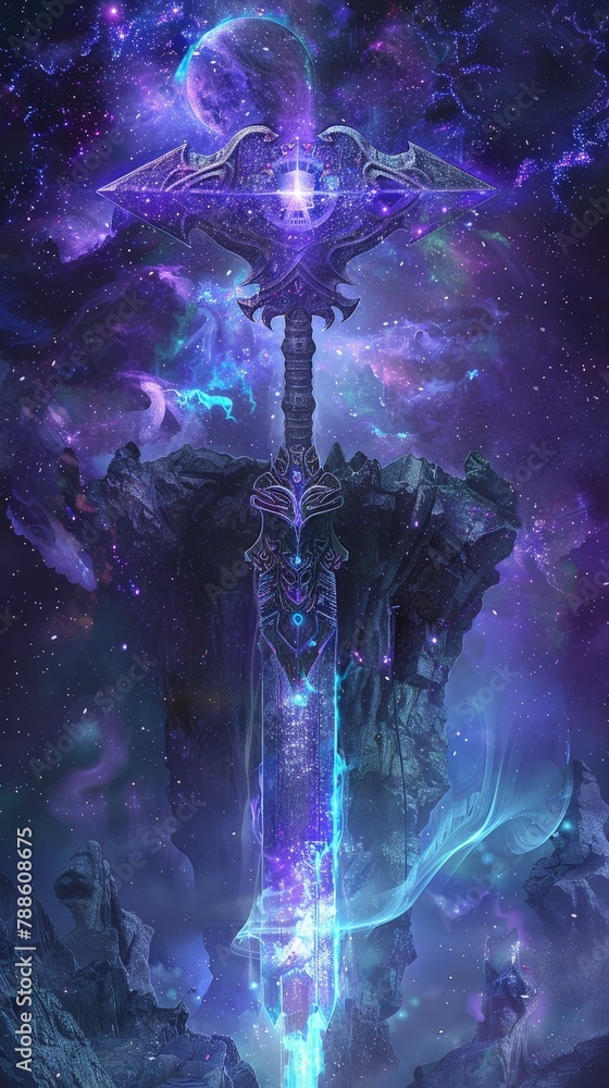 Wall mural a fantasy illustration of a magic sword embedded in a stone against a backdrop of the galaxy. mystic