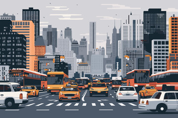 Busy city street with buses and taxis