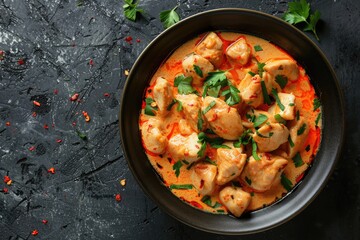 Coconut Chicken in Spicy Cream Sauce. Brazilian Delight with Asian Twist. Close-up Horizontal Top View of Delectable Curry Dish