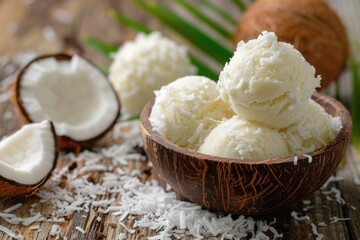 Fototapeta na wymiar Coconut Ice Cream Delight: A Delicious and Creamy Dessert Treat with a Sweet and Cold Flavor, Topped with Desiccated Coconut Balls on Wood Table