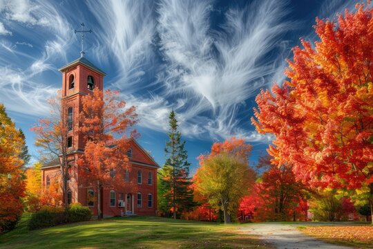 Colorful Autumn View: Landmark Bell Tower and Textile Mill Buildings of 19th Century New Hampshire Architecture