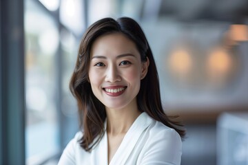 Portrait of a happy young Asian businesswoman, standing confidently with a smile. Attractive,