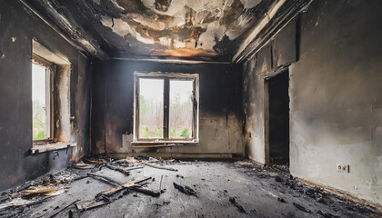 Empty burned room with window. Damaged apartment after house fire, charred walls and ceiling.