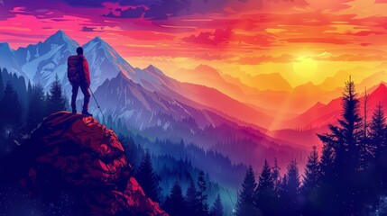 Landscape adventure mountains forest hiking outdoor background banner panorama illustration